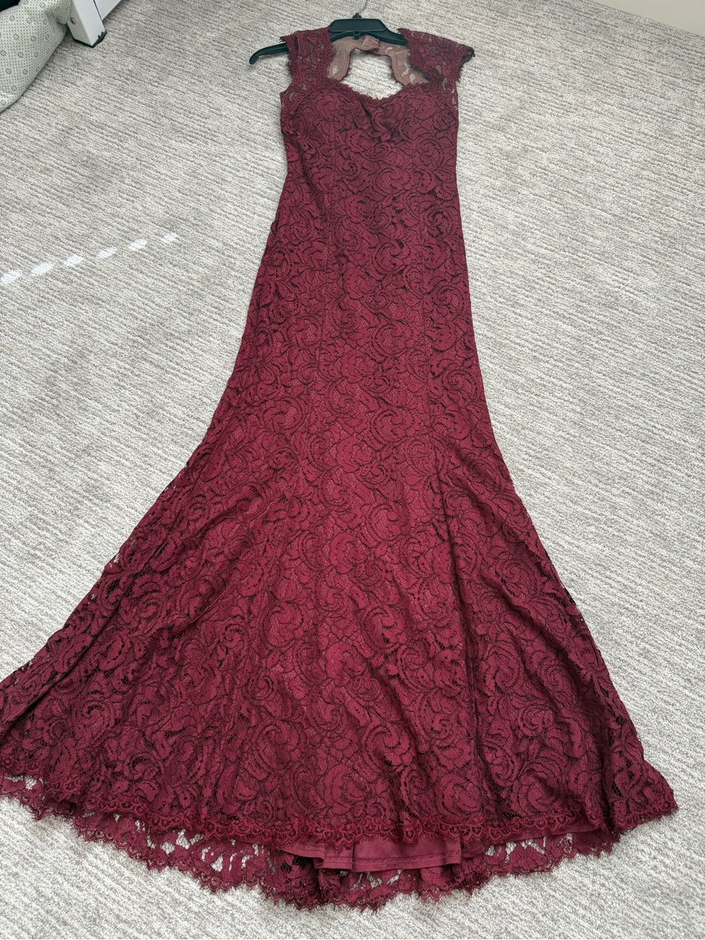 Tadashi Shoji Wine Lace Cap-Sleeve Mermaid Gown